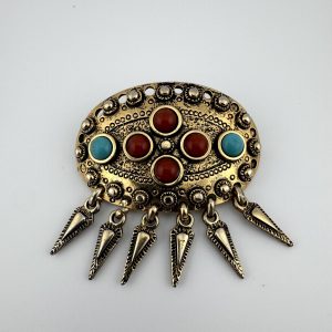 Gorgeous Vintage Brass with Coral and Turquoise Brooch or Pendant