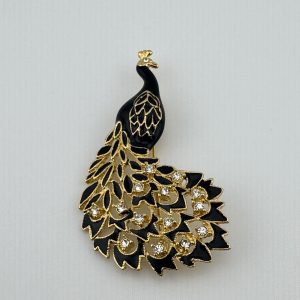 Stunning Vintage Peacock Black Gold and CZ Brooch